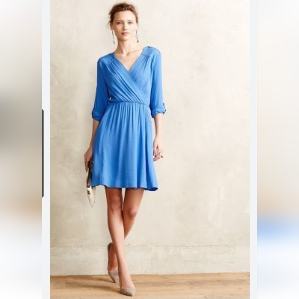 Anthropologie Bright Blue Long Sleeve Wrap Dress